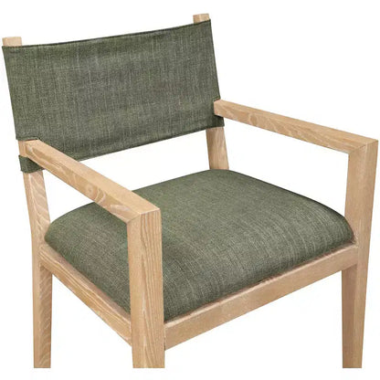 Sedia da pranzo con braccioli in tessuto testurizzato color lino oliva – Legno di frassino massello, stile contemporaneo