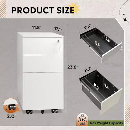 Cassettiera sottile mobile a 3 cassetti per ufficio domestico – 30 cm verticale, con serratura