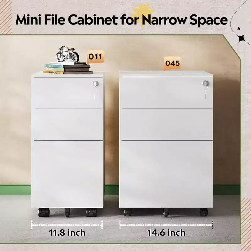 Cassettiera sottile mobile a 3 cassetti per ufficio domestico – 30 cm verticale, con serratura
