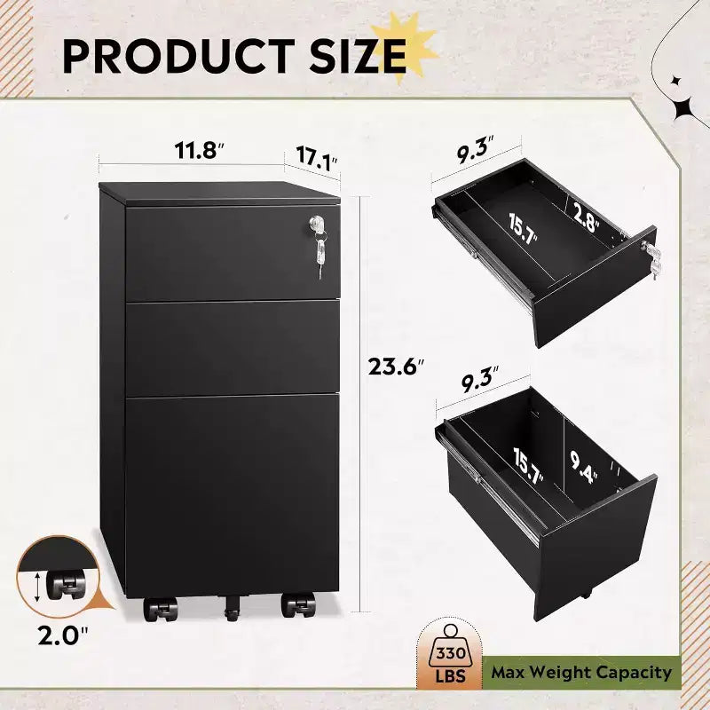 Cassettiera sottile mobile a 3 cassetti per ufficio domestico – 30 cm verticale, con serratura