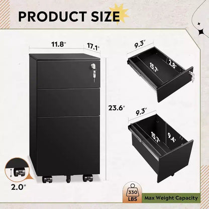 Cassettiera sottile mobile a 3 cassetti per ufficio domestico – 30 cm verticale, con serratura