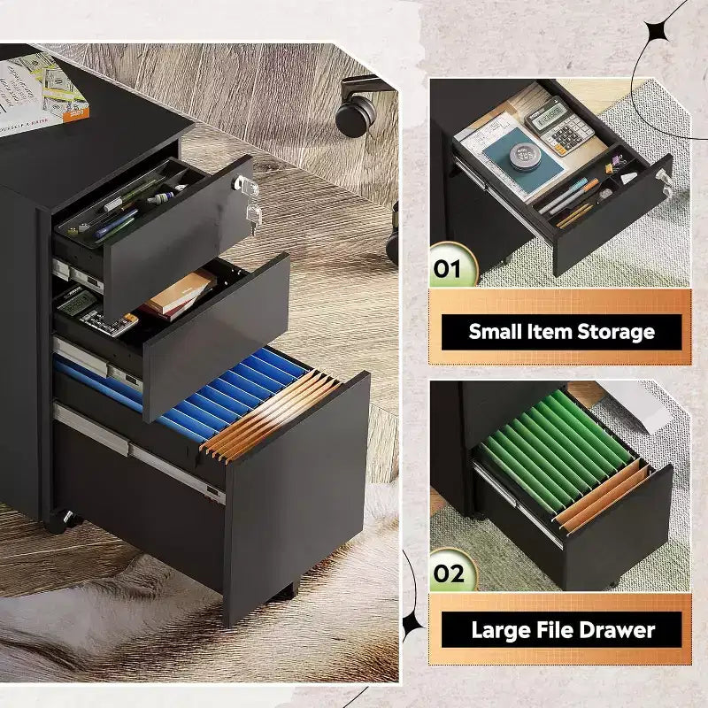 Cassettiera sottile mobile a 3 cassetti per ufficio domestico – 30 cm verticale, con serratura