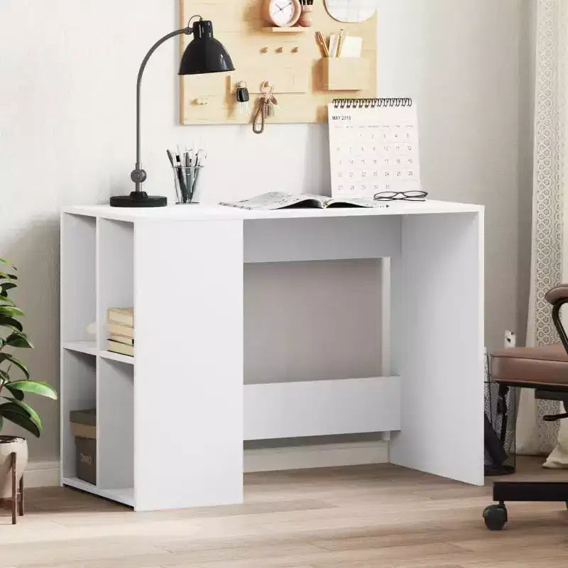 Scrivania rettangolare moderna bianca in legno composito con ripiani aperti – 102 cm