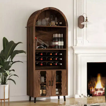 JVNOXK 71''Farmhouse-Style Arched Display Cabinet with Wine Rack and Glass Holder Wine Storage Cabinet for Dining Rooms and Living Rooms, Walnut