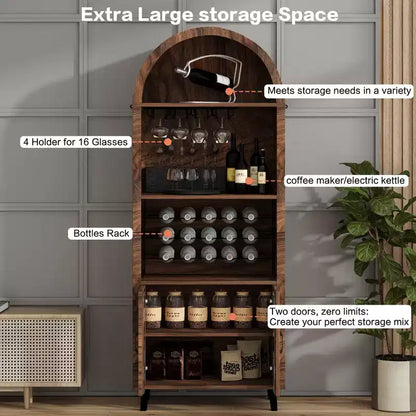 Vetrina ad arco "Farmhouse" da 71" con portabottiglie e portabicchieri – Marrone naturale
