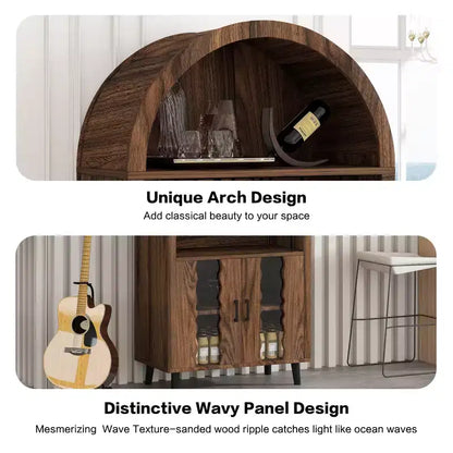 Vetrina ad arco "Farmhouse" da 71" con portabottiglie e portabicchieri – Marrone naturale