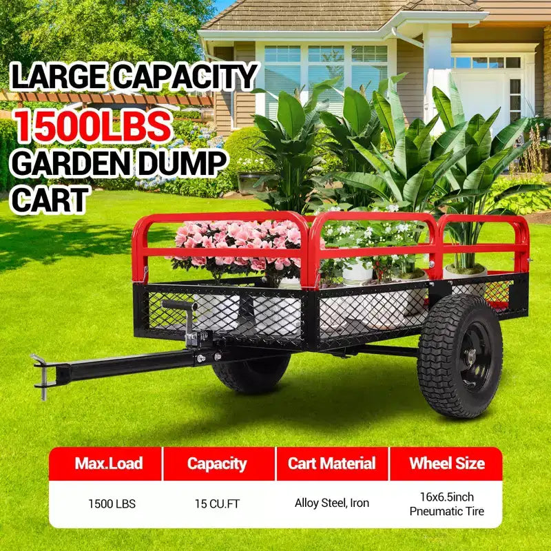 Rimorchio ribaltabile per ATV in acciaio per impieghi gravosi con capacità di 680 kg, carrello multiuso da 425 litri con sponde rimovibili per giardino e cortile