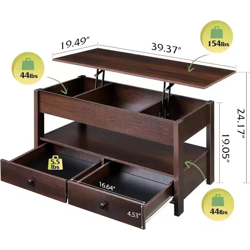 Tavolino da Caffè con Piano Sollevabile, 2 Cassetti, Contenitore Nascosto e Ripiano Aperto – MDF Nero