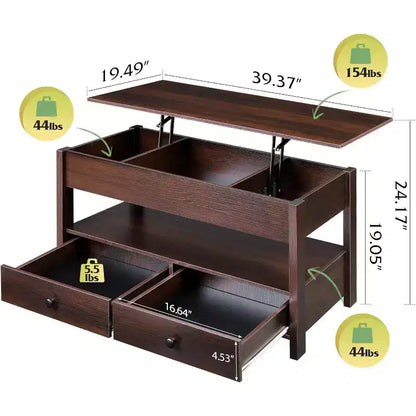 Tavolino da Caffè con Piano Sollevabile, 2 Cassetti, Contenitore Nascosto e Ripiano Aperto – MDF Nero