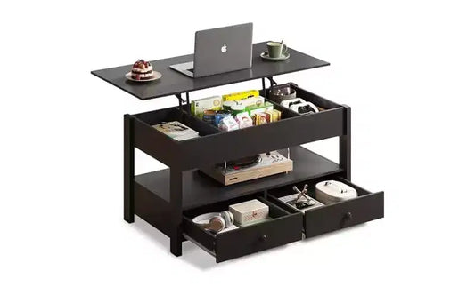 DEXYLLO Coffee Table, Lift Tabletop for Living Room & Dining Table, Lift Coffee Table with 2 Drawers, Large Storage and Open Shelf