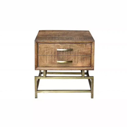 HomeRoots 21 Brass And Brown Solid Wood And Iron Square End Table With Drawer