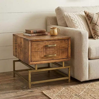 Tavolino da Divano Quadrato da 53 cm in Ottone, Legno Massello Marrone e Ferro con Cassetto
