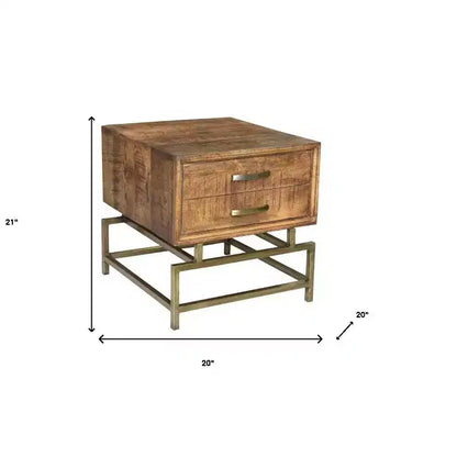 Tavolino da Divano Quadrato da 53 cm in Ottone, Legno Massello Marrone e Ferro con Cassetto