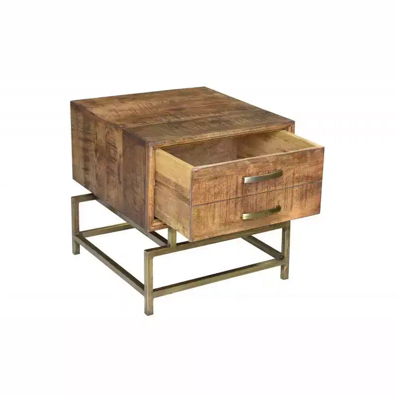 Tavolino da Divano Quadrato da 53 cm in Ottone, Legno Massello Marrone e Ferro con Cassetto