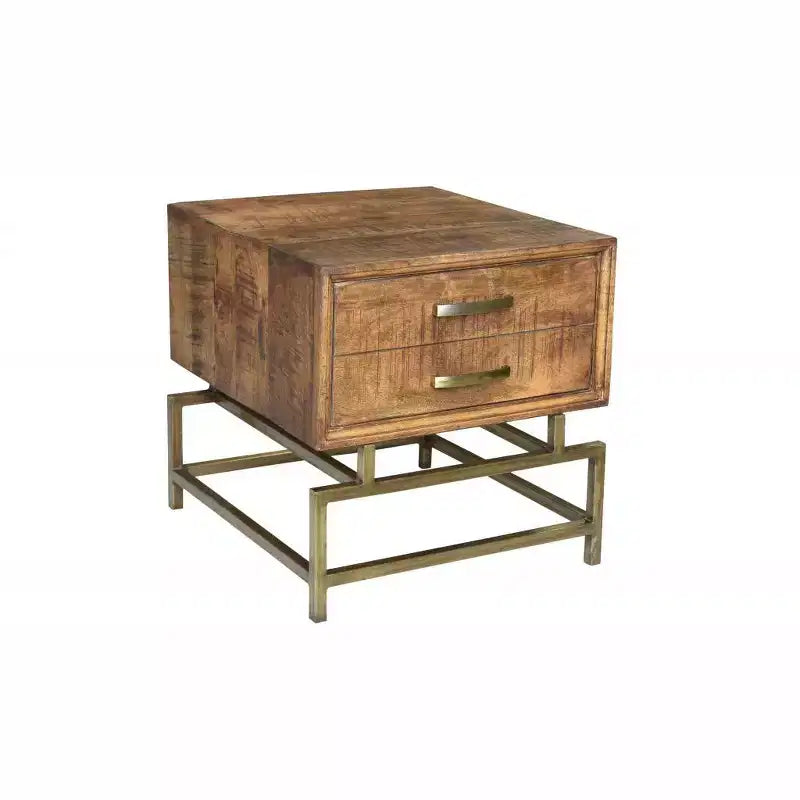 Tavolino da Divano Quadrato da 53 cm in Ottone, Legno Massello Marrone e Ferro con Cassetto