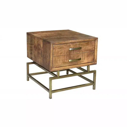 Tavolino da Divano Quadrato da 53 cm in Ottone, Legno Massello Marrone e Ferro con Cassetto