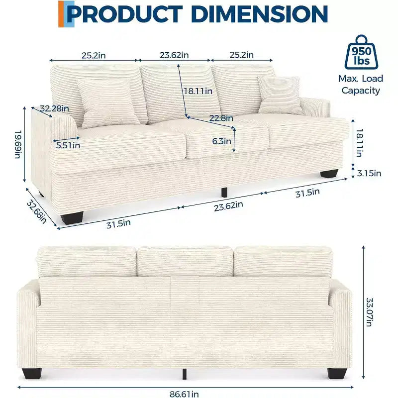 Divano Cloud a 3 posti da 86" in peluche con sedute profonde, cuscini rimovibili e cuscini decorativi