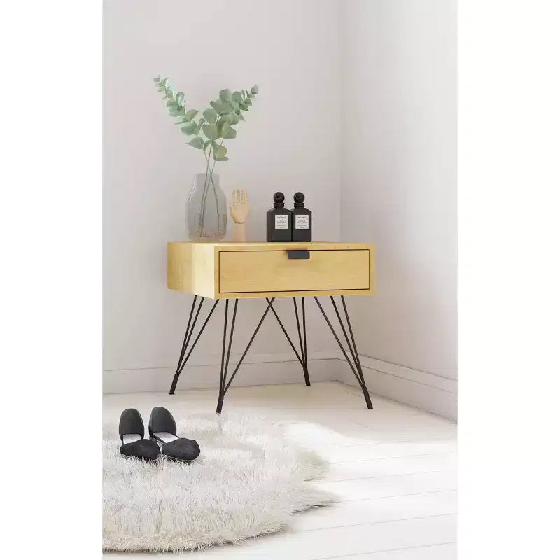Tavolino Newell in Legno Naturale e Metallo con Cassetto Contenitore – Mid-Century Modern