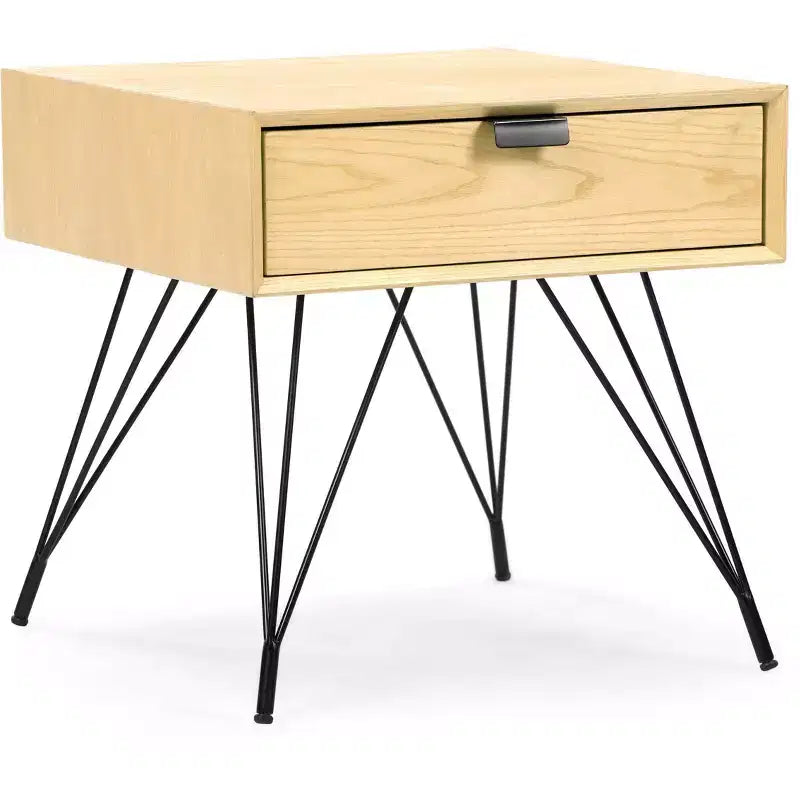 Tavolino Newell in Legno Naturale e Metallo con Cassetto Contenitore – Mid-Century Modern