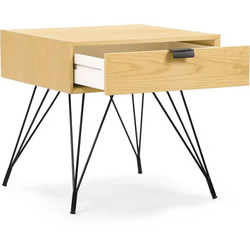 Tavolino Newell in Legno Naturale e Metallo con Cassetto Contenitore – Mid-Century Modern