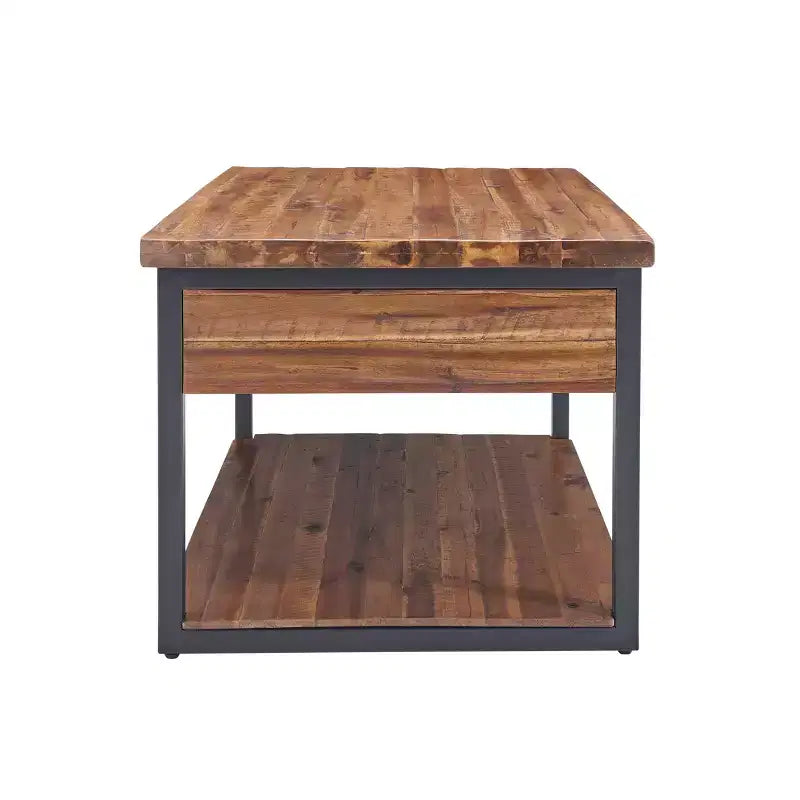 Tavolino da Caffè Rustico in Legno con Ripiano Inferiore e Spazio Contenitivo – Marrone Scuro, Piano in Acacia